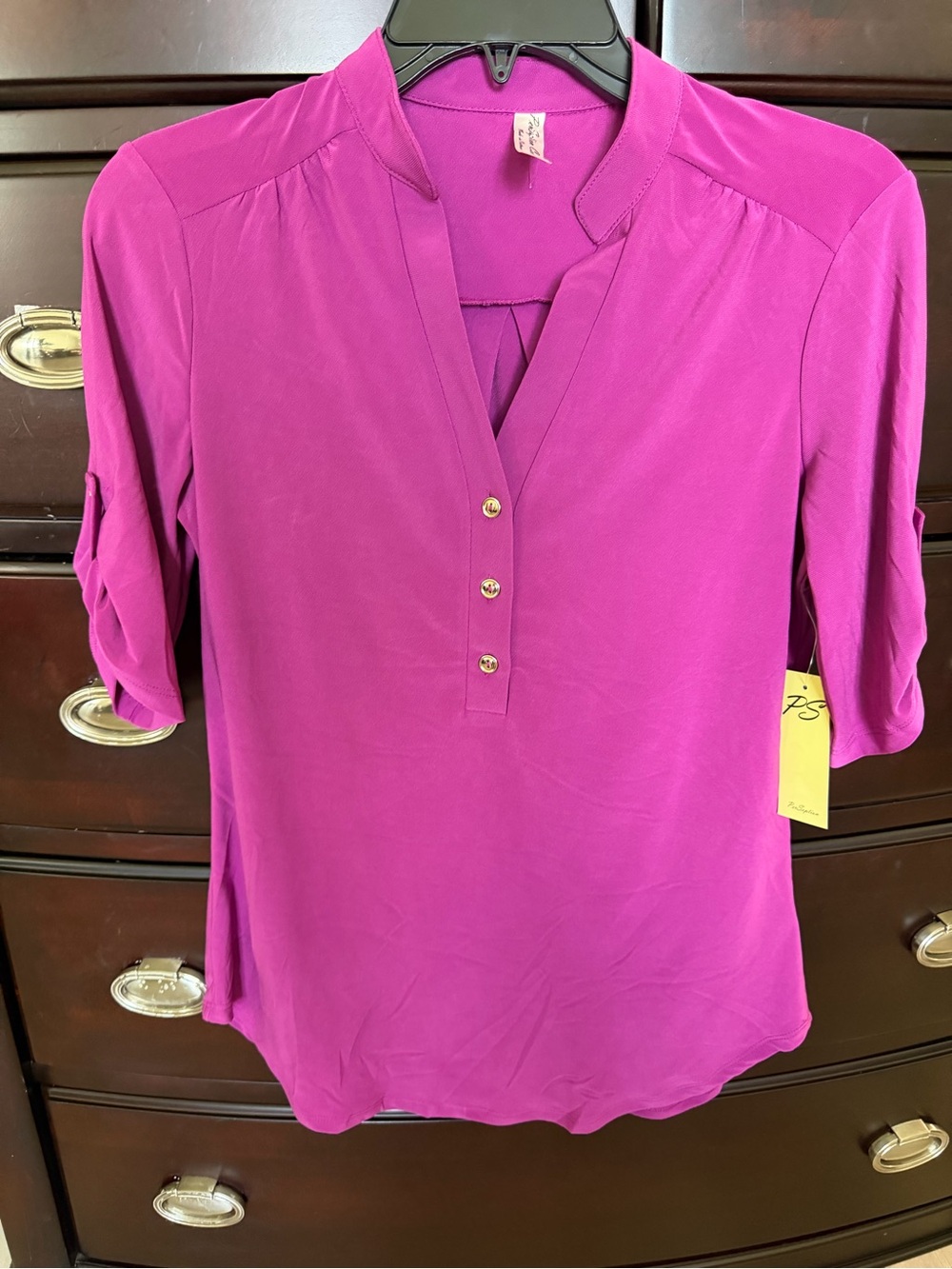 PerSeption Fuchsia Split-Neck Button Blouse Small